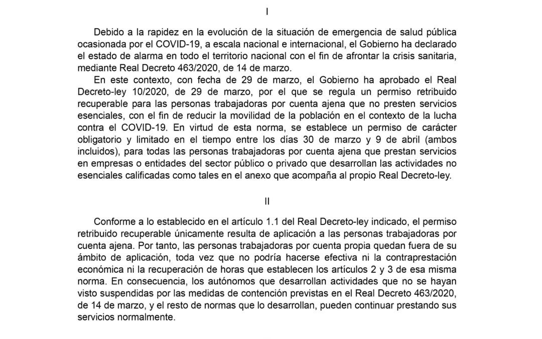 Criterios de aplicación para el Real Decreto-Ley 10/2020